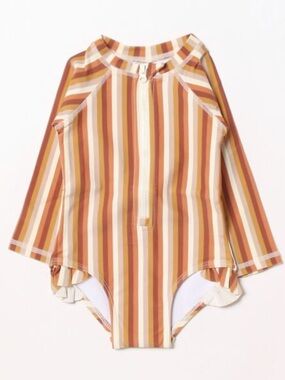 Rylee and Cru Striped Long-Sleeve One-Piece Swimsuit